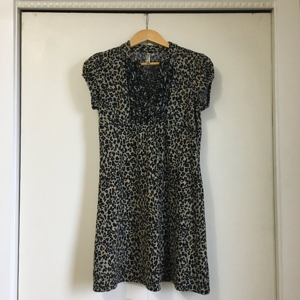 Y2K Mobwife Leopard Print Knit Dress Top Frilly Ruffle Rosette Coquette